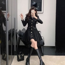 批发新款韩版气质小香风a字百褶裙洋气修身显瘦时尚休闲小个子<b class='q'>连衣裙</b>