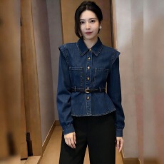 批发韩系高级感收腰牛仔衬衫女早春新款气质通勤衬衣洋气时髦长袖上衣