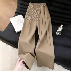 批发法式通勤假两件蕾丝飘带<b class='q'>西装</b>裤女秋季新款韩版高级感阔腿裤休闲裤