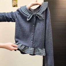 批发韩系减龄蝴蝶结格子拼接娃娃领针织衫女秋冬慵懒显瘦洋气打底上衣