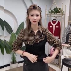 批发网红爆款时尚减龄修身显瘦polo领衬衫潮气质休闲简约通勤格子衫女