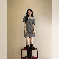 批发千金风灰色蕾丝<b class='q'>娃娃领</b><b class='q'>连衣裙</b>女2026年新款洋气减龄高级感A字短裙