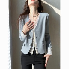 批发蓝色小西装外套女春气质高端洋气小个子气质通勤职业装西服上衣