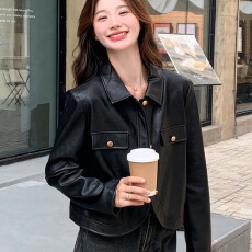 批发韩版复古设计感皮衣外套女<b class='q'>春</b>秋季新款小个子百搭机车pu皮夹克洋气
