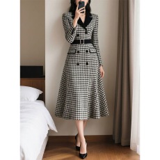 批发时尚高贵气质法式复古秋冬新款收腰<b class='q'>连衣裙</b>女士通勤端庄优雅格纹裙