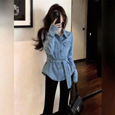 批发2026春季时尚百搭新款通勤风<b class='q'>牛仔</b><b class='q'>衬衫</b>女长袖收腰系带气质轻奢上衣
