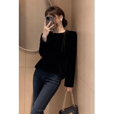 批发法式轻奢风黑色长袖蝴蝶结上衣女高级感收腰显瘦百搭小衫