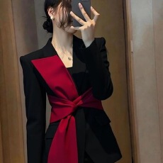 批发秋季复古慵懒松弛感小西服上衣韩系气质优雅洋气红黑拼接<b class='q'>西装</b>外套