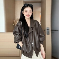 批发2026春秋网红新款韩版时尚西装领<b class='q'>外套</b>女<b class='q'>休闲</b>机车服显瘦pu夹克上衣