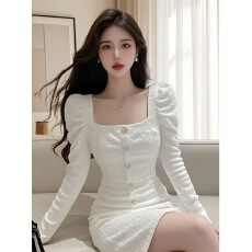 批发纯欲风气质辣妹方领<b class='q'>连衣裙</b>女装2026春秋新款时尚名媛包臀礼服短裙