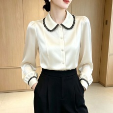 批发法式<b class='q'>蕾丝</b>娃娃领衬衫女装春秋季新款宽松垂感缎面上衣通勤长袖衬衣