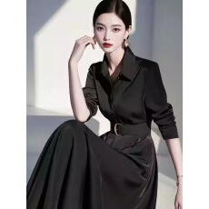 批发<b class='q'>韩国</b>chic高级感气质复古西装裙子2026年秋冬黑色赫本风长袖连衣裙