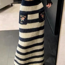 批发新款条纹绣花中长款半身裙针织秋<b class='q'>冬</b>松紧高腰显瘦包臀长裙子
