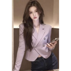 批发轻熟风紫色短款西装<b class='q'>外套</b>女春2026小个子双排扣气质百搭高级感上衣