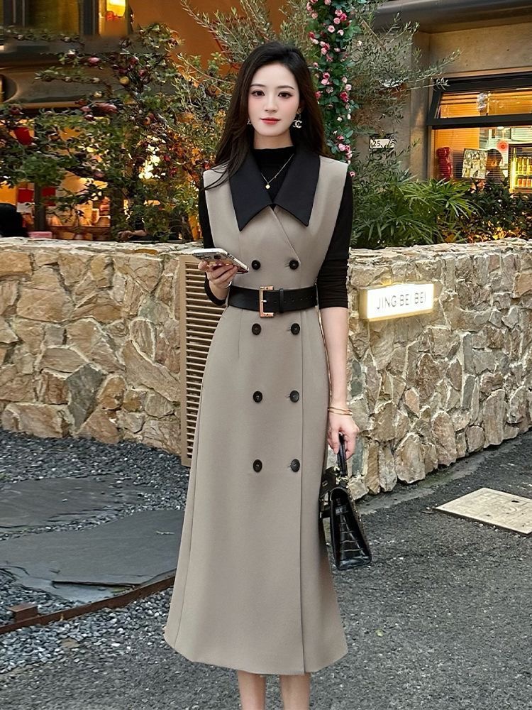 秋季新款双排扣风衣马甲女中长款气质高级感巨好看马夹外套 服裝批發女裝批發服飾貨源