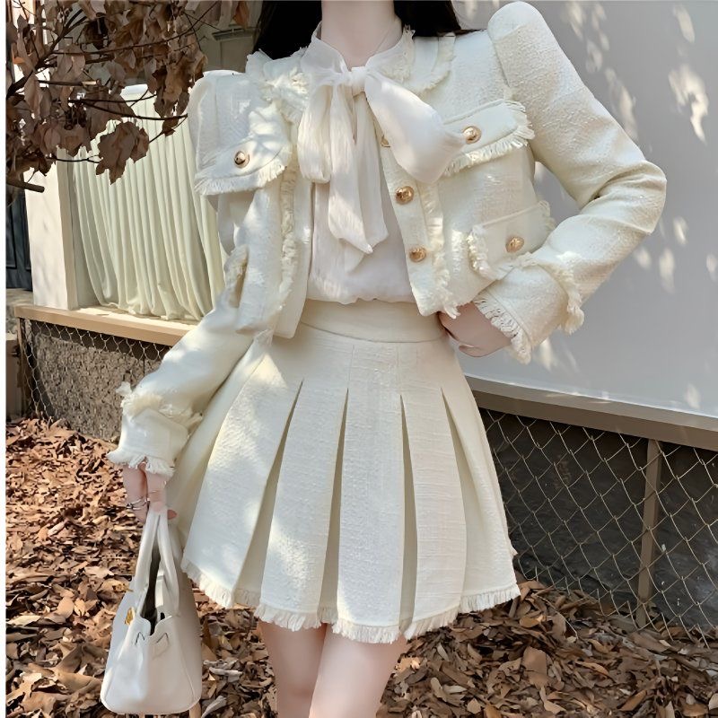 时尚名媛气质套装女秋冬新款洋气小香风短外套女百褶半身裙两件套 服裝批發女裝批發服飾貨源