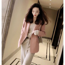 批发粉红色西装外套女小个子秋装气质女神范高级感韩版chic气质小西服