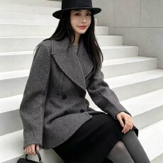 批发秋冬短款毛呢大衣女西装大翻领双排扣收腰显瘦小个子短款呢子外套