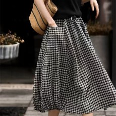 批发2026夏新款复古格子棉麻宽松灯笼裙弹力腰半裙花苞裙