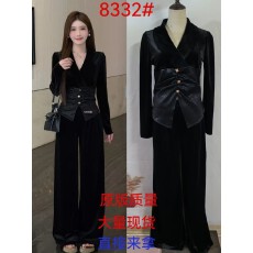 批发奢宠主角雾中芭蕾V领<b class='q'>丝绒</b>拼接纽扣显瘦上衣直筒裤<b class='q'>套装</b>