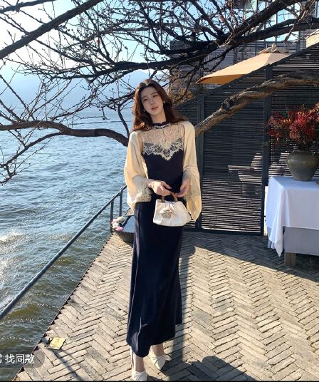 프랑스식 느긋한 흔들다 칼라 민소매 체크무늬 프린트 도루 센스 레이스 조각 롱 스커트