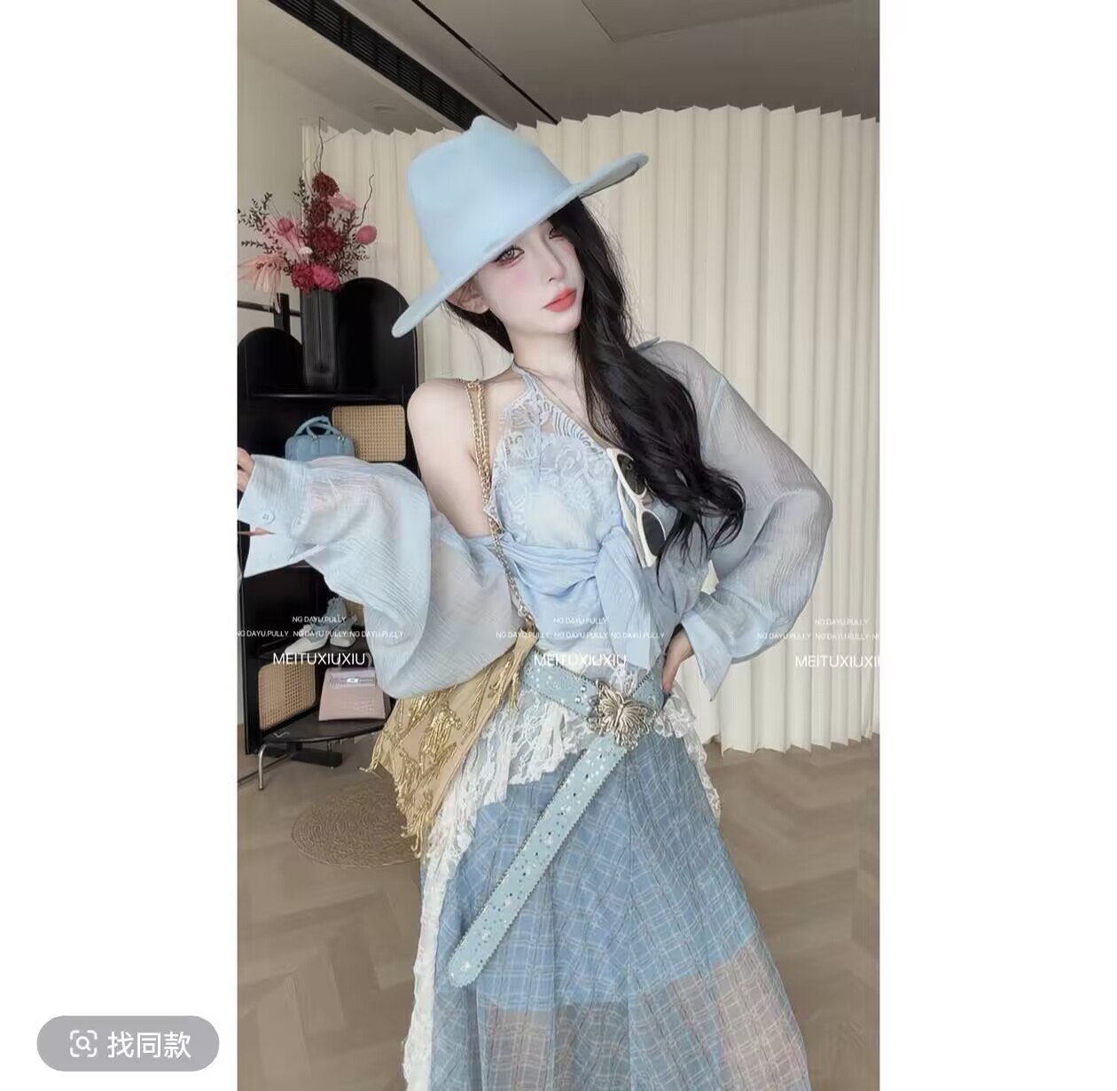 ng dayu 황혼 특히 플러스 이익 직접 만든 페이크 레이어드 레이스 자외선 차단 셔츠 망사 체크무늬 반신 롱 스커트