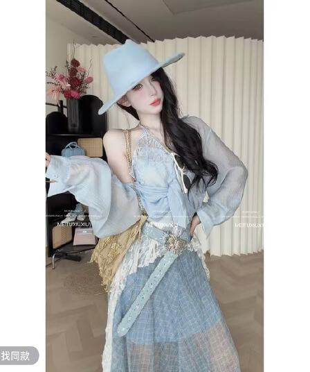 ng dayu 황혼 특히 플러스 이익 직접 만든 페이크 레이어드 레이스 자외선 차단 셔츠 망사 체크무늬 반신 롱 스커트