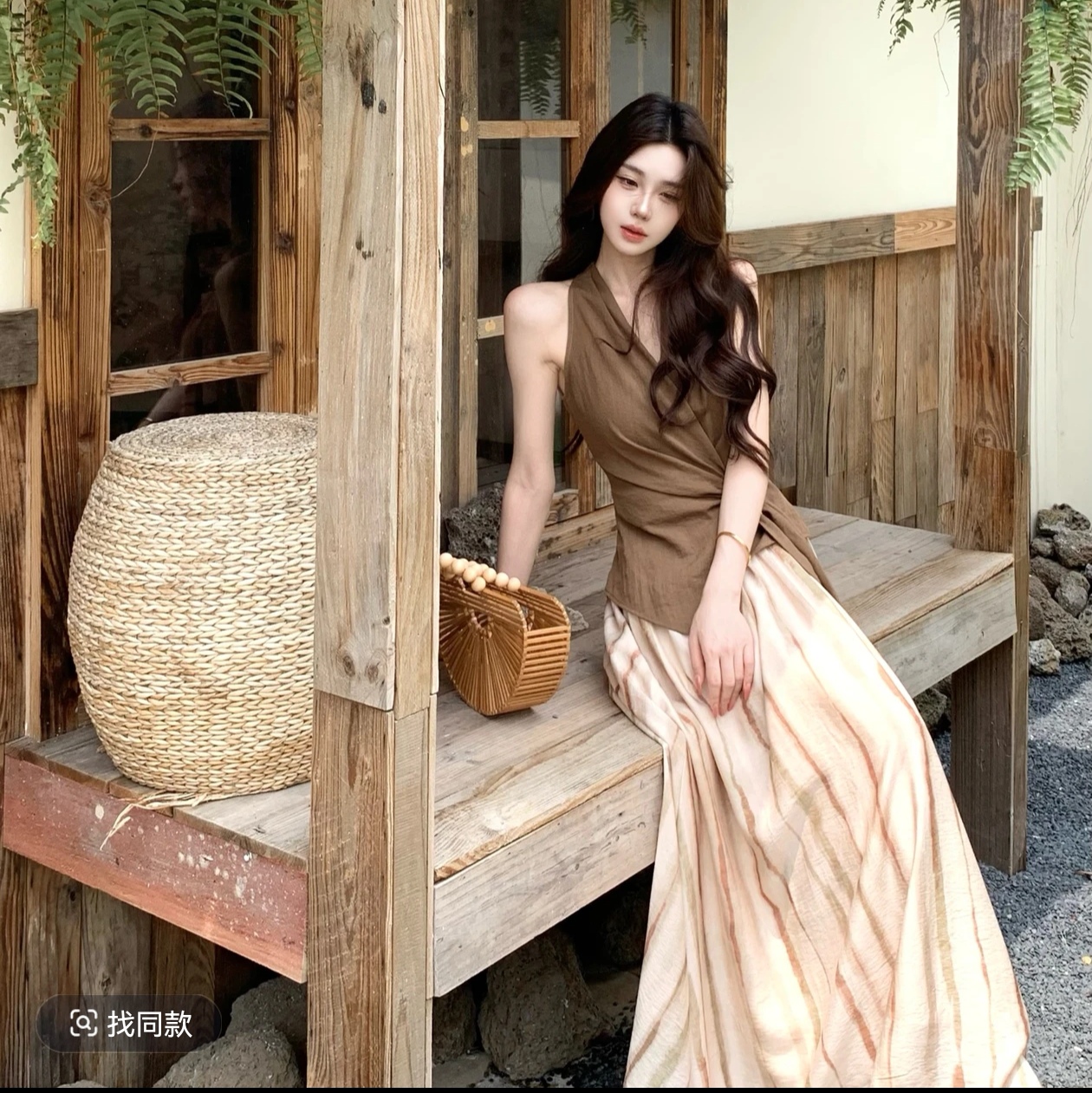 무쯔리 목자이 ~ 중 리 초가 코티지 도루 곡물 부드러운 행침 목 십자가 허리 수축 맨위 프린트 반신 치마 세트