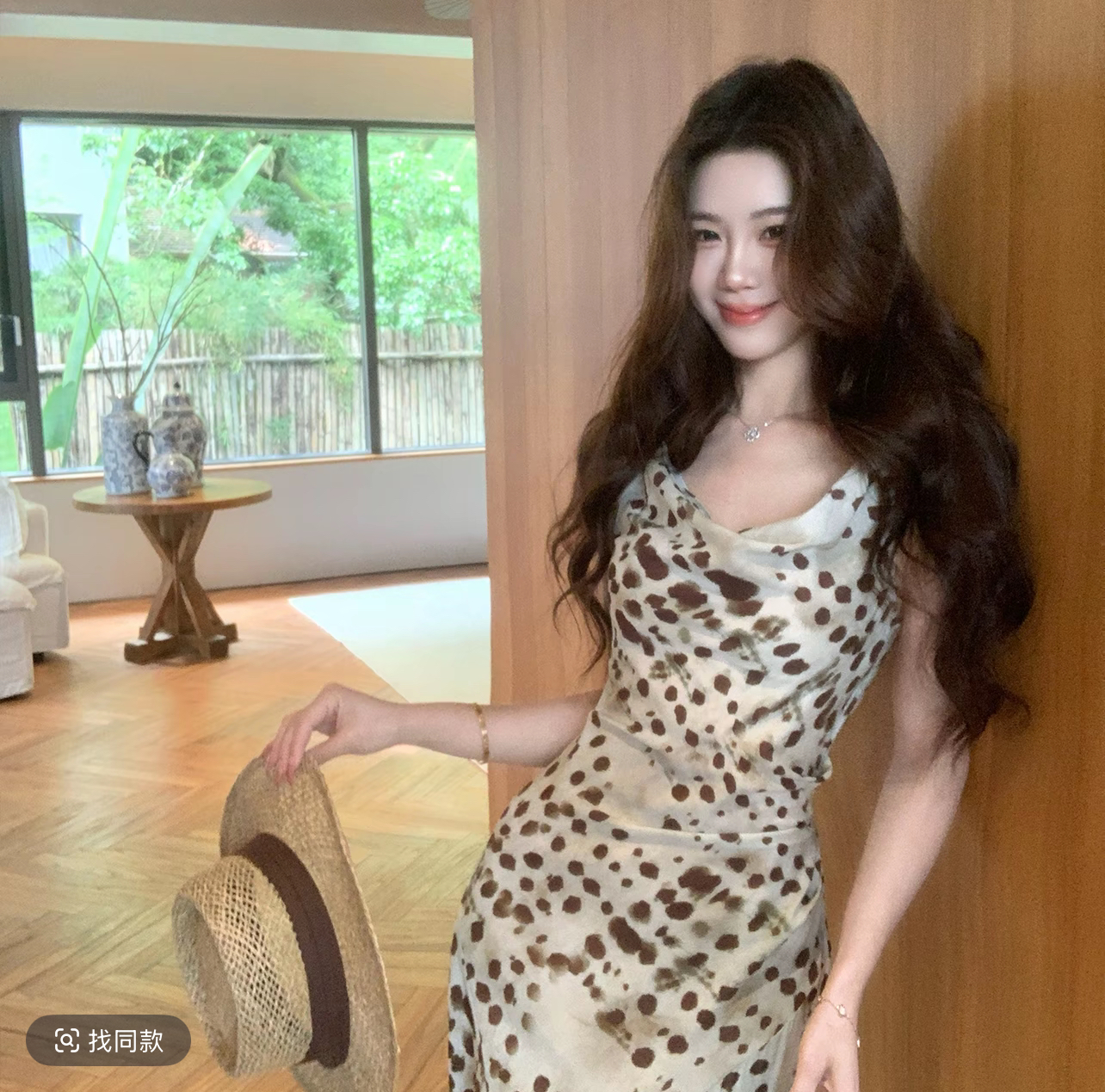 무쯔리 목자이 ~ 중 리 맑은 창 와일드 그림자 디자인 센스 품격 슬립 흔들다 칼라 드레스 하이웨이스트 스트랩 A라인 스커트