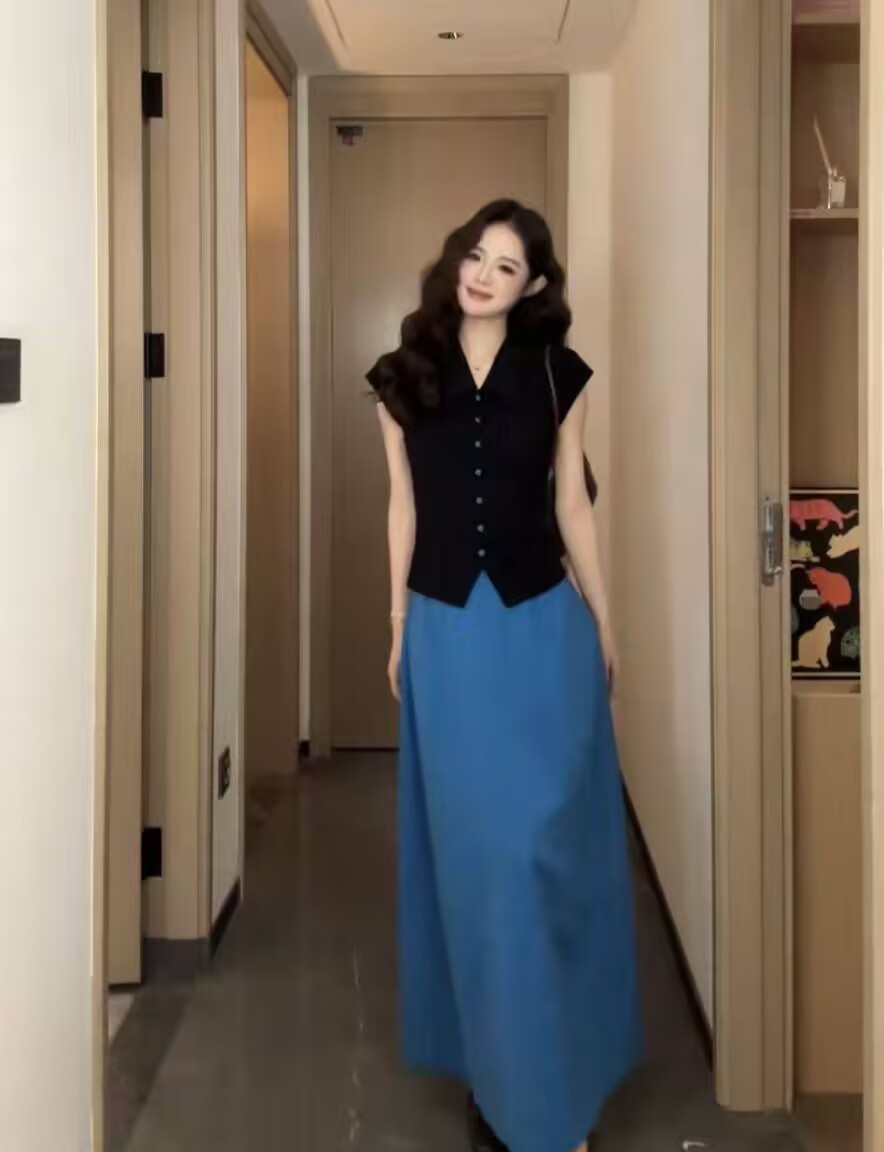 사슴 완 그것 녹색 란 프롤로그 여름 새로운 부드러운 달콤한 스타일 맨위 다용도 슬림해 보이는 롱 스커트 투피스 세트 y
