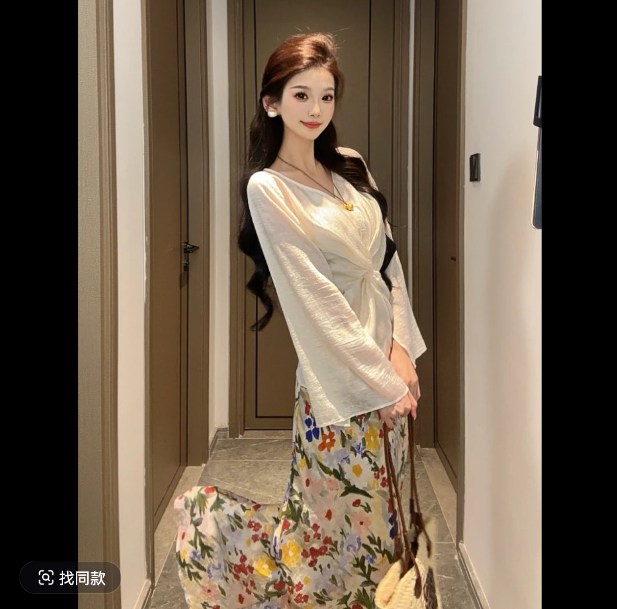 꽃이 만발한 품격 비틀림 V넥 작은 셔츠 유화 꽃무늬 반신 스커트 여름 부드러운 휴가 바람 세트