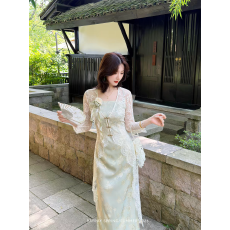 批发新中式国风蕾英俊青禅意淡绿<b class='q'>蕾丝</b>改良旗袍吊带裙收腰气质开衫