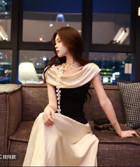 무쯔리 목자이 ~ 중 리 번영 한 부드러운 민소매 흔들다 칼라 패치워크 맨위 새틴 도루 센스 반 스커트 세트