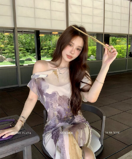 새로운 중식 여성 드레스 감기 고급 센스 국풍 수묵화 프린트 섹시함 비스듬한 칼라 오프숄더 허리 수축 타이트 스커트 롱 스커트