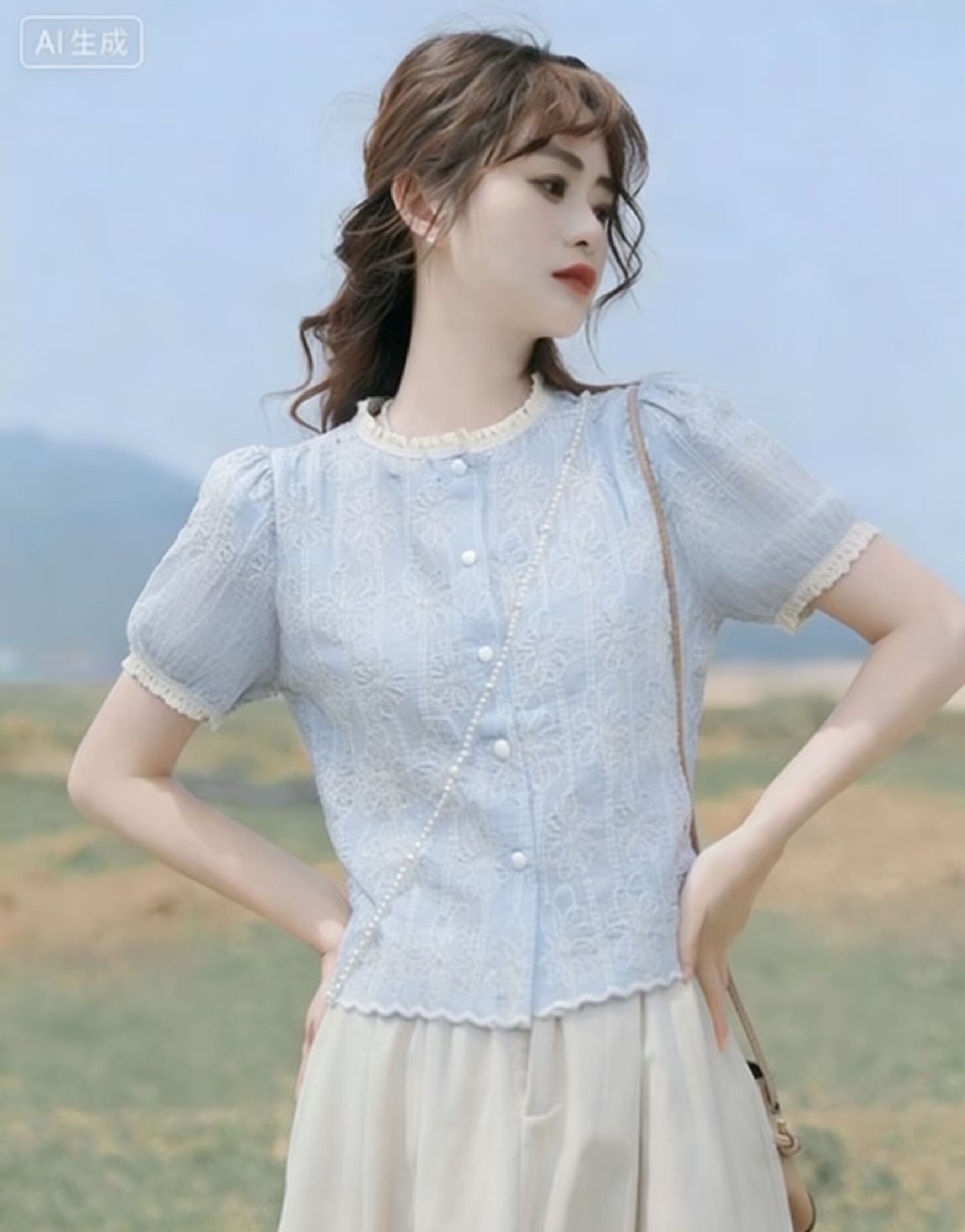 여성 의류 2026 여름 새로운 슬림해 보이는 디자인 고급 센스 홀로우 아웃 레이스 레이스 셔츠 맨위