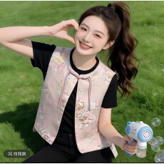 批发今年流行洋气独特别致新中式国风宋锦粉色提花马甲外套女新款