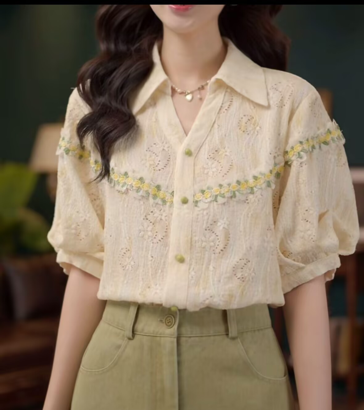 제나라 제나라 노란 밤나무 꽃 부드러운 셔츠 캐주얼 다용도 반팔 여성 셔츠 여름 맨위