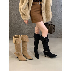 批发过膝长靴女两穿大筒围2025秋冬宽筒绒面尖头细跟高跟褶皱靴堆堆靴