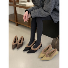 批发羊羔毛加厚绒保暖尖头浅口毛毛单鞋女细跟增高棉鞋子