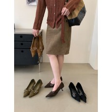 批发黑色绒面法式高跟鞋女秋细跟3cm设计感小众职业低跟尖头浅口单鞋