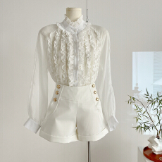 批发长袖衬衫女秋法式宫廷风立领收腰<b class='q'>雪纺</b><b class='q'>上衣</b>+缎面金属扣短裤