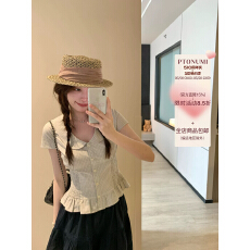 批发PtonUmi少女函书 格纹娃娃领收腰短袖<b class='q'>衬衫</b>女夏新款设计感显瘦上衣