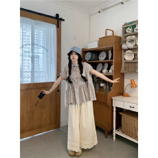 批发实拍日系格纹衬衫+刺绣阔腿裤