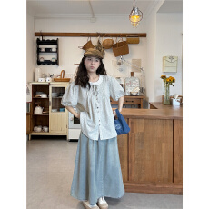 批发实拍日系复古格子<b class='q'>衬衫</b>宽松减龄花边领短袖+<b class='q'>牛仔</b>半身裙