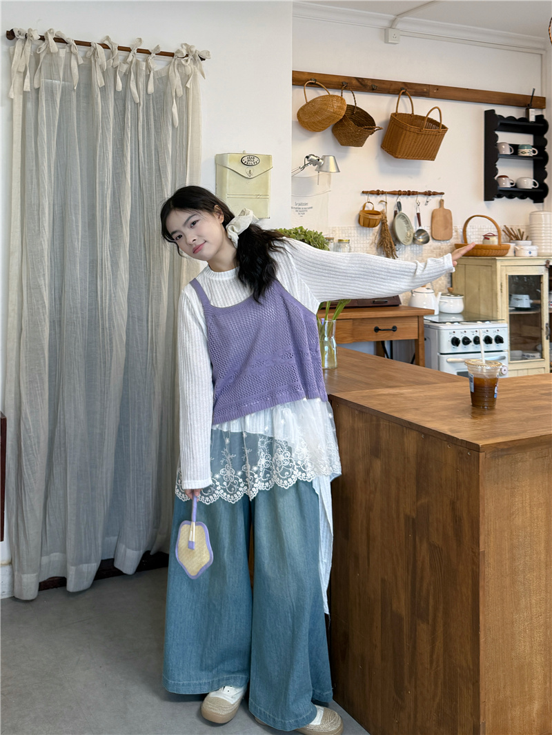 실사 스웨터 슬립 불규칙 긴팔 티셔츠 청바지