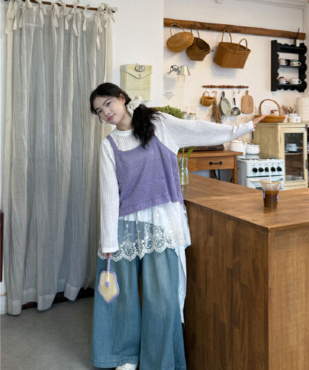실사 스웨터 슬립 불규칙 긴팔 티셔츠 청바지