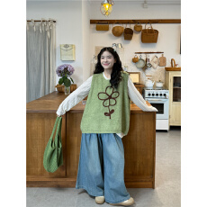 批发实拍花朵毛衣马甲+长袖T恤+牛仔裤