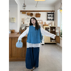 批发实拍复古宝蓝五星毛衣<b class='q'>马甲</b>+长袖拼接花边T恤+休闲裤