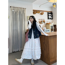 批发实拍<b class='q'>日系</b>复古绣花马甲+白T长裙+波点半裙