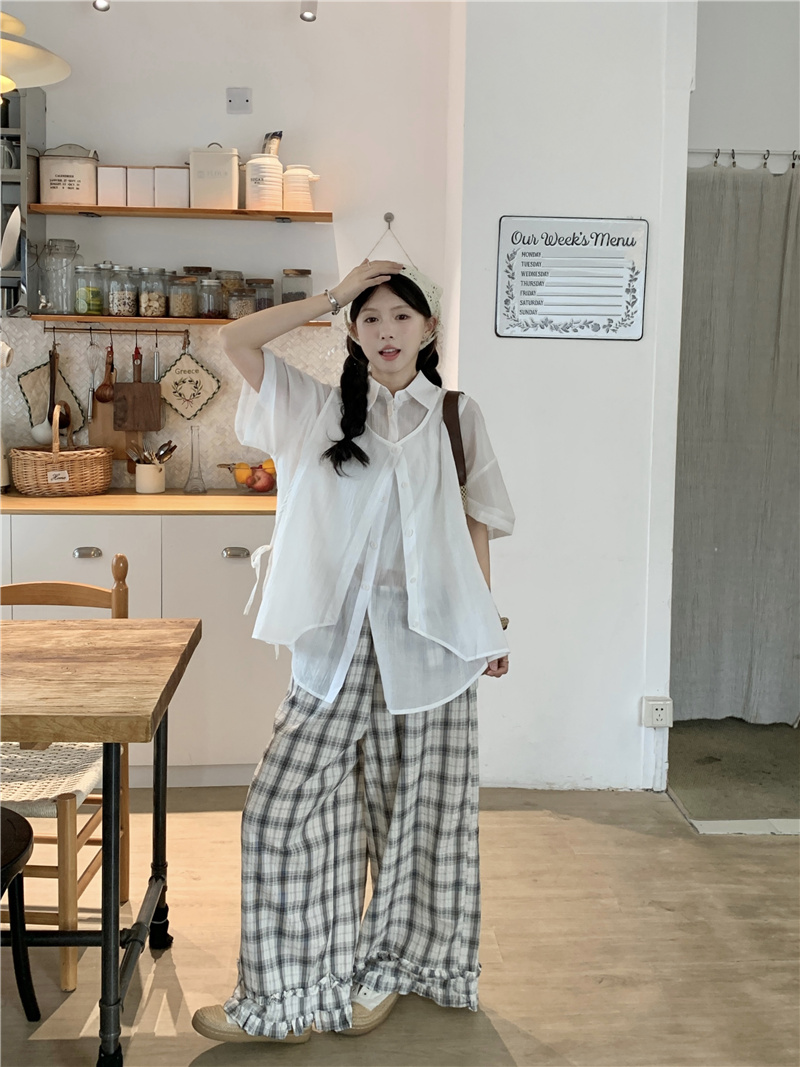 실사 사실 투피스 세트 셔츠 체크무늬 바지